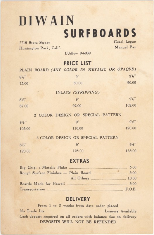 2 ITEMS: 1962 "DIWAIN & DIWAN SURFBOARDS" Price List & Surfboard Rental Flyer!