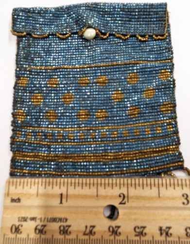 Antique Vintage French Beaded Purse Bag Deco French Steel Cut Blue & Brass Beads - Picture 11 of 11