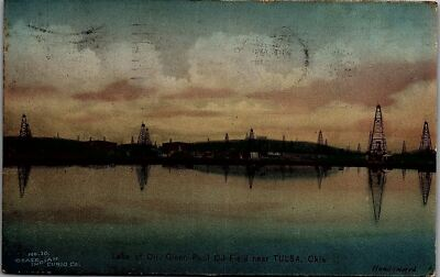 #ad 1909 TULSA OKLAHOMA LAKE OF OIL GLENN POOL OIL FIELD HAD COLORED POSTCARD 39 73 $37.04