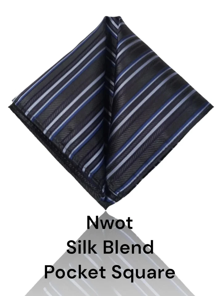 Nwot Silk/poly Blend Pocket Square, 9.5" X 9.5", Black/Blue/Gray, Striped. - Image 3 of 4