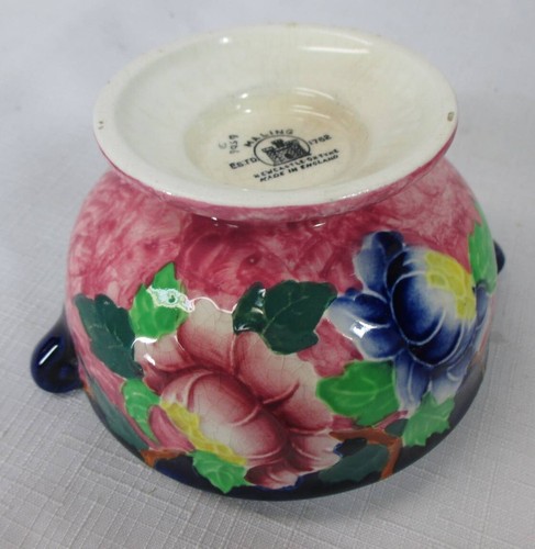 MALING WARE SMALL PEDESTAL BOWL COBALT INTERIOR FLORAL EXTERIOR 3"HX5.25"DIA - Picture 3 of 6