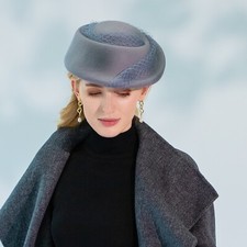 Gray Fascinator Hat Wool Felt Beret Pillbox Hats Tea Party Fedora Hats With Mesh