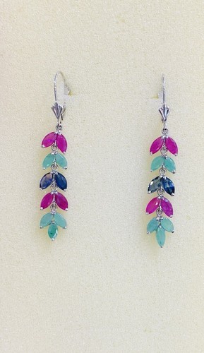 14k Solid White Gold Dangle Earrings Natural Mixed Stones Ruby Sapphire Emerald - Picture 4 of 7