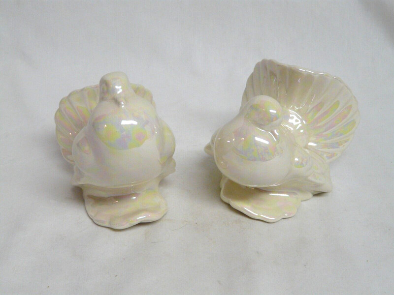 Vintage Pair of White Fantailed Ceramic Dove Figurines - Rainbow Glazed Finish