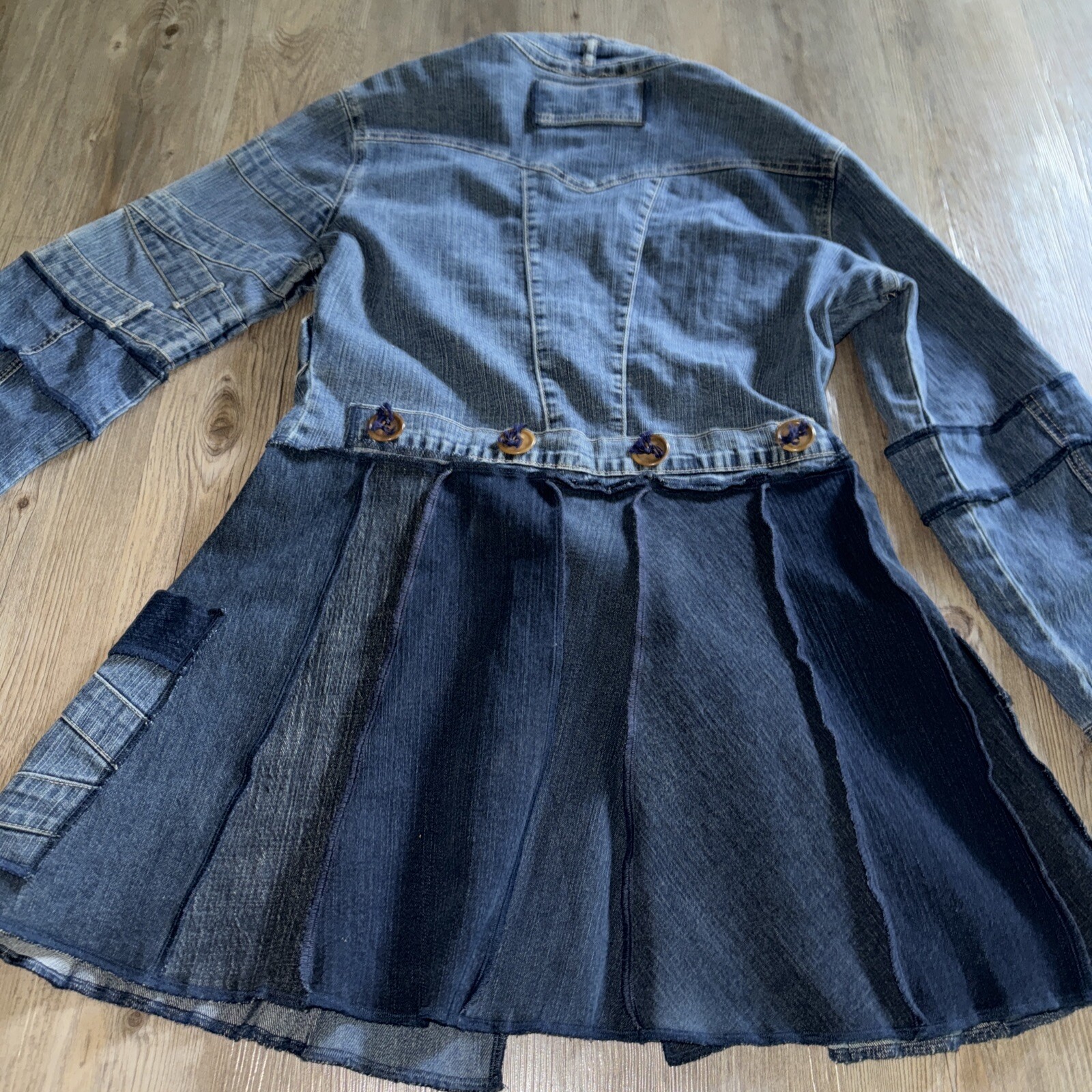 Funky Threads Jean Jacket Trench Patchwork Button… - image 11