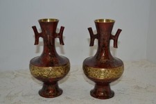 Pair of Brass Vases Mottled Red Black & Gold Enamel Glaze