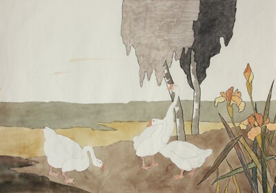 Geese and Irises, Watercolour, Japonism, Kacho-ga, Art Nouveau, France c1900