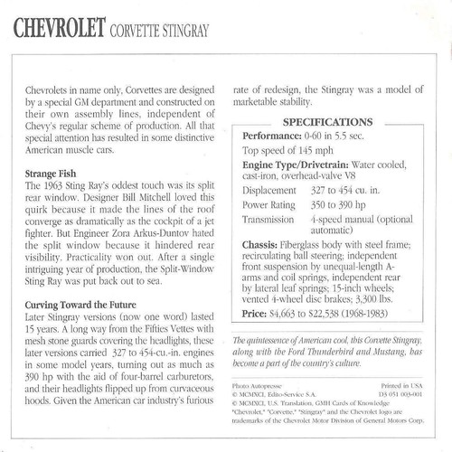 Edito Service card 1968-1983 CHEVROLET CORVETTE STINGRAY Spec Sheet fact 1991 - Bild 2 von 2