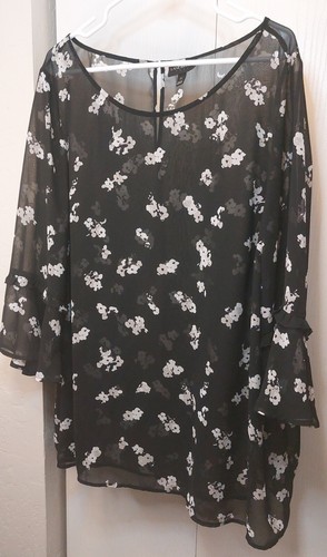 Lane Bryant Black Floral Sheer Size 22 Top Boho Flutter Sleeves Office Tunic - 第 14/14 張圖片