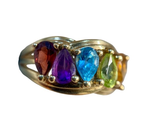Anillo de cóctel arco iris con múltiples piedras preciosas de oro amarillo macizo de 14 k 4,38 gramos talla 7 - Imagen 8 de 13