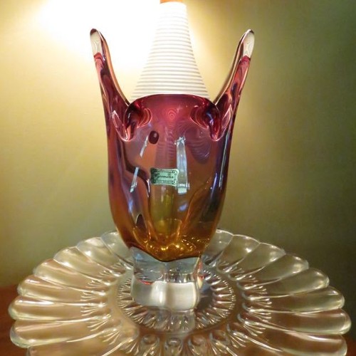 Vtg retro CZECH Egermann Amethyst Amber hombre glass OWL vase original label - Picture 10 of 12