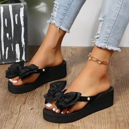 New Wedge Casual Women Sandals Heel Bow Sequin Slippers Flip Flops Shoes Slides - Picture 16 of 27