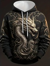 Golden Dragon 3D Print Hoodie Mythical Serpent Design Black Pullover Unisex