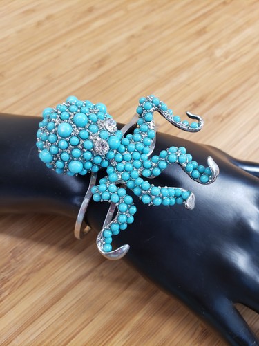 Vintage Faux Turquoise Octopus Clamper Bracelet with Crystal Eyes - Picture 5 of 8