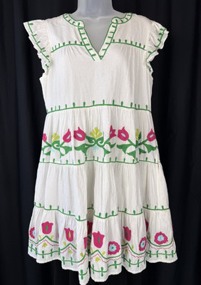 ROLLER RABBIT Embroidered Tiered Mini Dress Flutter Sleeve A-Line Tulips Small
