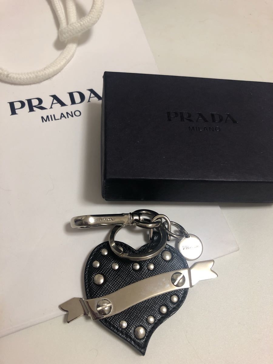 PRADA  Leather Black Heart Leather Bag Charm Key Holder Silver Studs Logo Plate