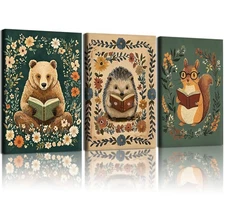 3pcs Animal Reading Canvas Wall Art Cute Woodland Animals Wall Decor Bear Hed...