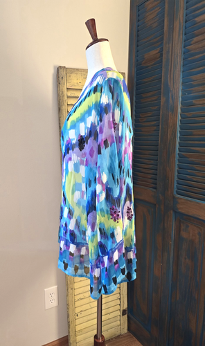 Laura Ashley 100% Seide Modern Art Jacke 2X Blau Lila Grün Pailletten Lebendig - Bild 3 von 14