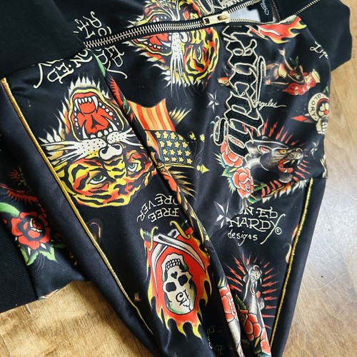 Ed Hardy Set Black Satin All Over Tattoo Full Zip Jacket Small and Pants XS - Picture 7 of 16