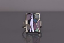 Sterling Silver 19mm Pink Blue White Mosaic Mother of Pearl Band Ring 925 Sz: 6
