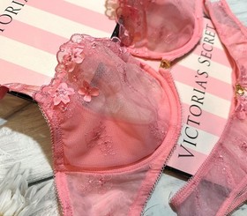 Victoria&rsquo;s Secret 3D Floral Embroidered Sheer Pink Hope Bra & Matching Panty Set