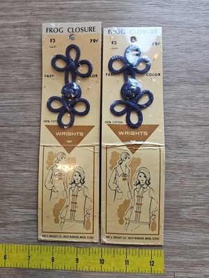 2 Vintage Wrights Frog Fasteners F3 Navy Blue Sewing Closure Fancy NOS Buttons