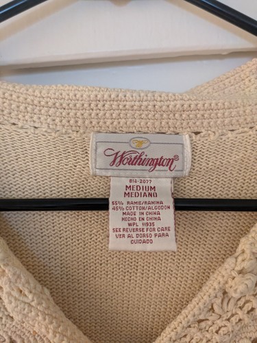 Worthington Beige Crochet Cardigan Sweater Medium Collared Button Short Sleeve - Picture 2 of 4