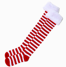 RED WHITE STRIPED SOCKS W/FUR CUFF SANTA ELF SOCKS GIRL WOMEN OSFA NEW FREE SHIP