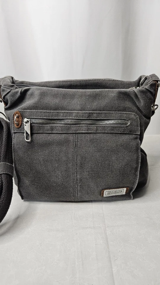 Travelon Anti-Theft Heritage Crossbody Bag Pewter Gray Leather Trim Travel - Image 2 of 4