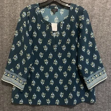 NEW J Jill Top Women M Green Floral Wearever Collection Boho Cottagecore Popover