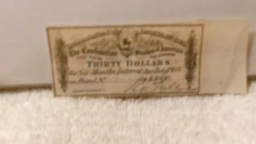 Authentic Confederate States of America $30 Bond Coupon From A $1000 Bond 1864