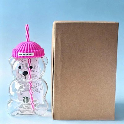 Starbucks Bearista Rose Red Bear Glass Tumbler Cold Cup w/ Straw 20oz