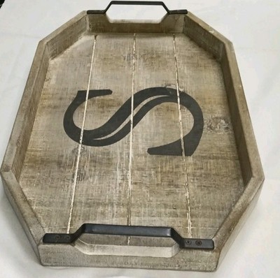 Monogramed S Wooden Serving Tray With Handles And A Distressed Look