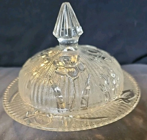 Vintage Jeanette Clear Glass Iris And Herringbone Covered Butter Dish