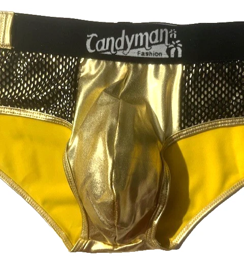 New CANDYMAN Mens Gold Metallic & Fishnet Panel Pouch Bikini Brief Underwear M - Image 3 of 4