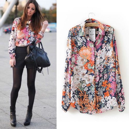 Sz 6-12 Retro Women Long Sleeve Floral Print Casual Chiffon Shirt Blouses Tops