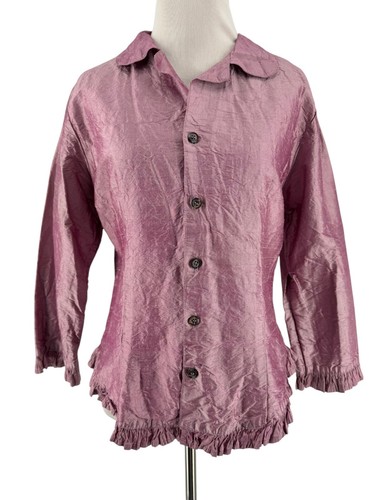 CP Shades Women's Pink Satin Silk Button Up Ruffle Accent Blouse Size Small - Picture 1 of 6