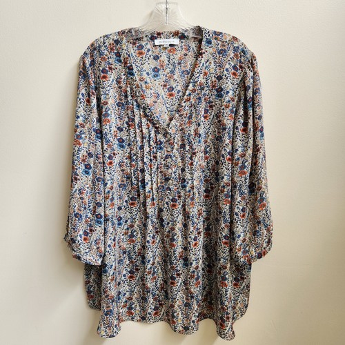 Rose Olive Tunic Womens 2X Plus White Green Floral Boho Cottagecore Classic Chic