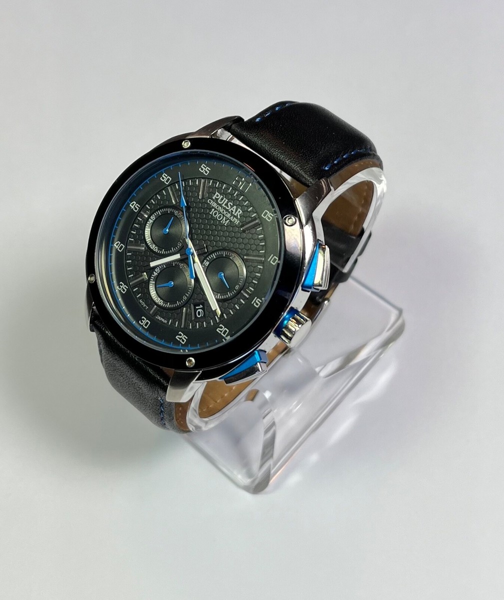 Pulsar Men On The Go Black Dial Leather Chronograph Watch PT3391