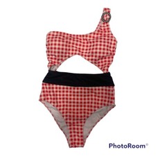 New ModCloth Sierra One Piece Textured Plaid Red Shoulder Swimsuit Size Small