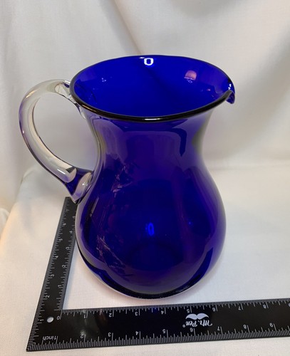 Hand Blown Cobalt Blue Heavy Pitcher w/ Clear Glass Handle - Picture 7 of 16
