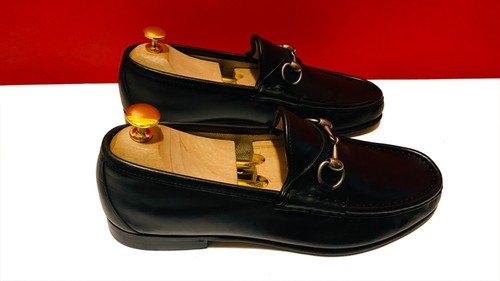 $989.00 !! GUCCI MEN BLACK LEATHER HORSE BIT LOAFERS MARKED SHOES U.K SIZE 8 - Picture 4 of 16