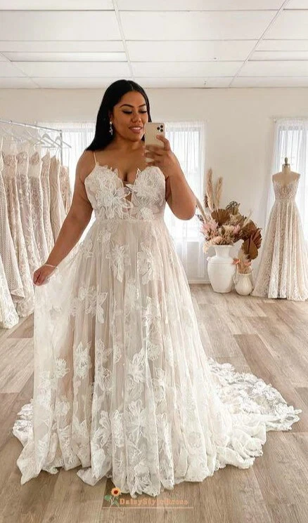 Plus Size Beach Boho Lace Wedding Dresses Strap Lace AppliquesVNeck Sweep  Trains