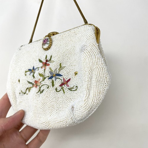 VINTAGE Marshall Field & Company French Beaded Purse Handbag White Floral A24 - Picture 3 of 12