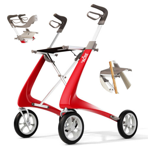 Acre Carbon Ultralight Rollator Komfort Rot mit Rückengurt Stockhalter u. Tasche