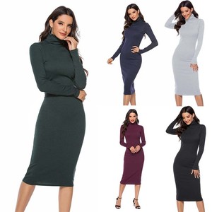 Pencil-Knit-Turtleneck-Slim-Sleeve-Bodycon-Dress-Women-Sweater-Long-Dresses