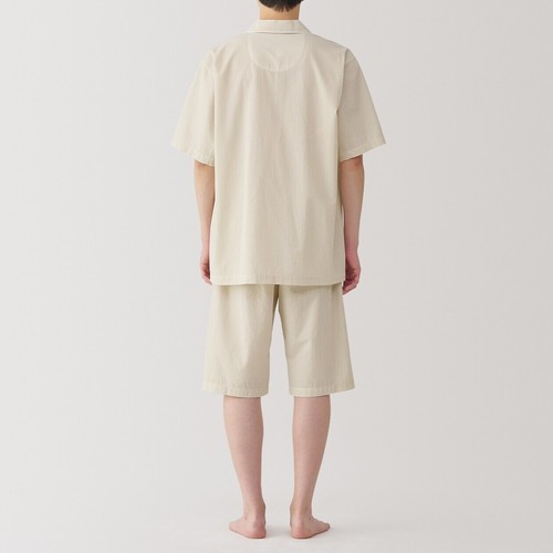 Pijama de manga corta MUJI para hombre 100 % algodón orgánico Seersucker beige a rayas FedEx - Imagen 4 de 10
