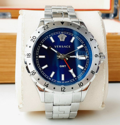 Versace Hellenyium GMT V11010015 Sapphire Blue Dial Silver Tone Men's Watch