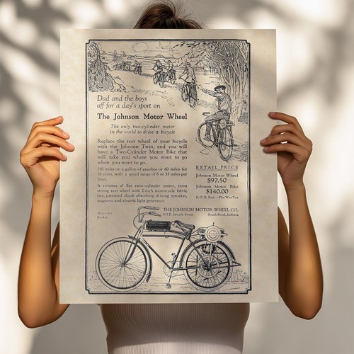 Johnson Motor Bike / Wheel 16x20 Bicycle Motorcycle Fine Art Print on Parchment - Picture 7 of 10