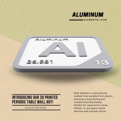 3D Printed Aluminum Periodic Table Tile, Durable PLA+ with Adhesive Strip.